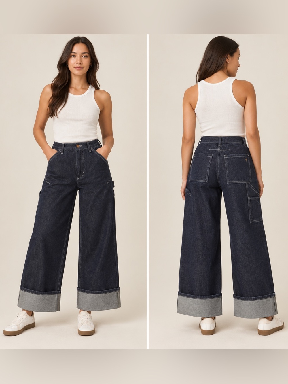 Pilcro Anthropologie Carpenter Wide Leg Cuffed Jeans 28P Petite Dark Wash